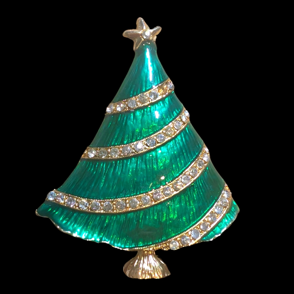 Vintage Green Enamel Aurora Borealis Rhinestone Christmas Tree Brooch